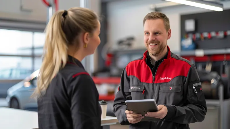 Beratungsgespräch zwischen Kfz-Serviceberater und Kunde im modernen Autohaus in München, mit Tablet und Blick auf saubere Werkstatt im Hintergrund